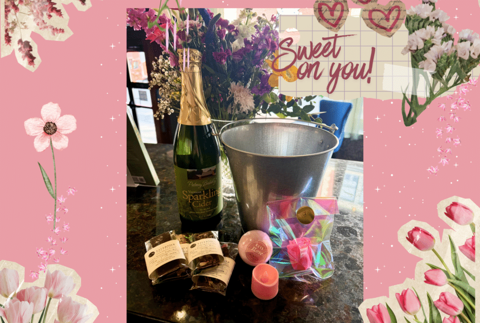 Pink and flower border surrounding the Sweet On You enhancement package featuring a cider, chocolates, an ice bucket, rose soap, bath bomb, and a non-flame candle.