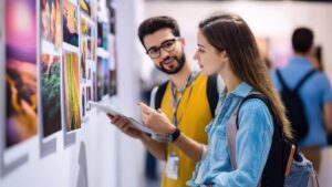 two students viewing art in a gallery