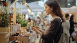 a woman shopping at an indoor artisan market